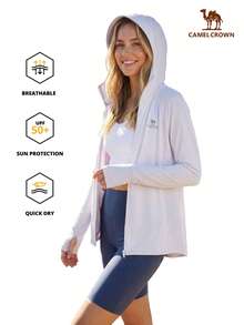 CAMEL CROWN Chaqueta con capucha de protección solar UPF 50+ para mujer, ligera y transpirable con cremallera completa y mangas largas para exteriores en verano - Luz de luna blanca - Ver 9