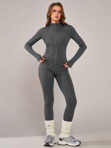NcmRyu 1 Set Women Elastic Zipper Casual Everyday Sportswear, Stand Collar Design, Waist Cinched, Suitable For Dance & Workout - 灰色 - 查看 6