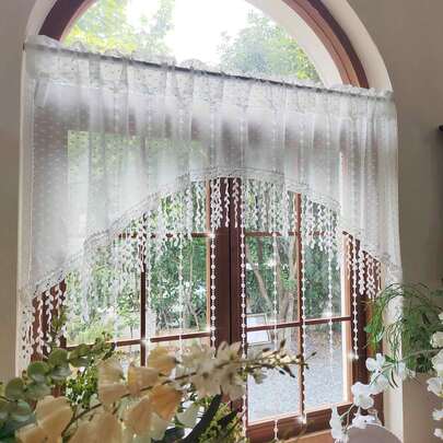 1 Panel Luxury French Country Curtain With Embroidered LaceCrystal Pendants - Semi- Sheer Panel, Translucent Light Filtering Window Drapery Suitable For Bedroom Or Living Room, Elegant Rod Pocket Design