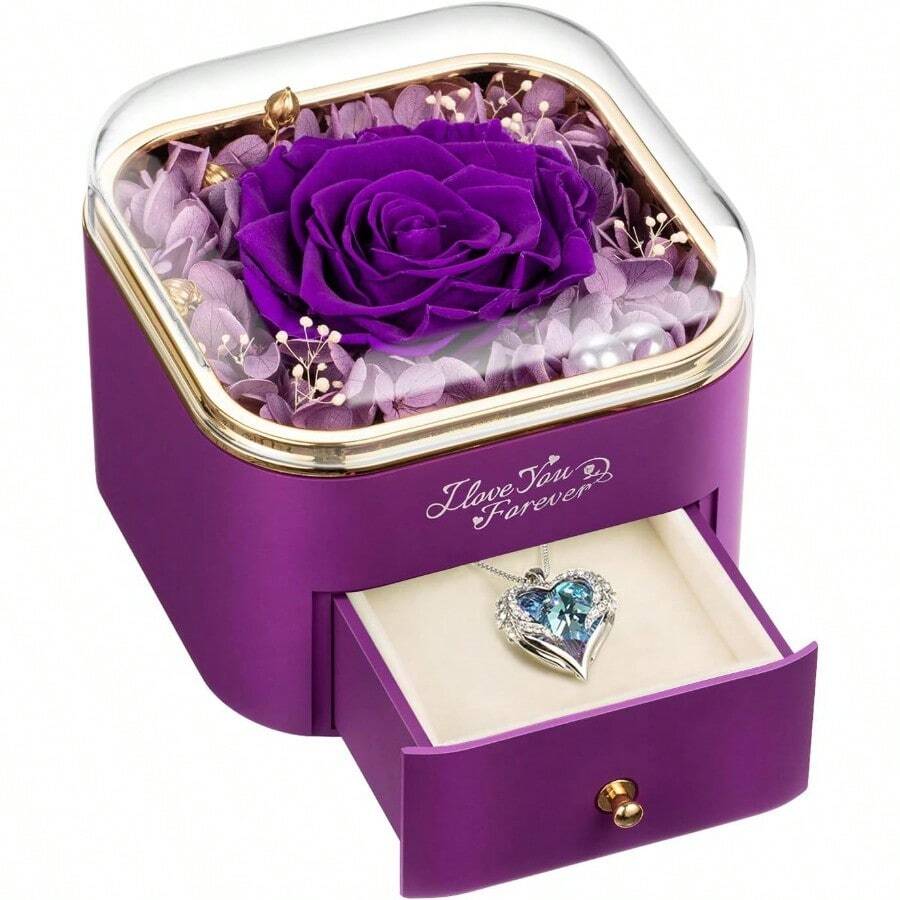 NEWNOVE - Collar de rosa morada real preservada con flores para  regalo de flores para mamá abuela esposa novia regalos de aniversario de cumpleaños para mujeres regalos para ella - 1Prpura - Ver 1