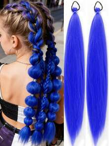 1-2pcs 26 Inch Blue DIY Braiding Hair Extensions | Women Synthetic Yaki Straight Heat Resistant Fluffy Ponytail | Suitable For Halloween, Christmas, Holiday Parties - Blue - View 9
