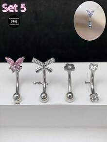 4pcs/Set Y2k Pink 16g Eyebrow Ring Cross Heart Flower Butterfly Curved Barbell Cartilage Tragus Eyebrow Piercing Jewelry Bat Faux Pearl Eye Labret Lip Jewelry Moon Devil Daith Tragus Rook Helix Earring Navel Small Belly Button Ring Eyebrow Lip Studs For Women Men Daily Party Wear - Pink - View 5