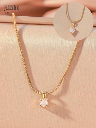 Hihho 1 件时尚方晶锆石和蛇骨链项链，时尚吊坠锁骨链，适合女士