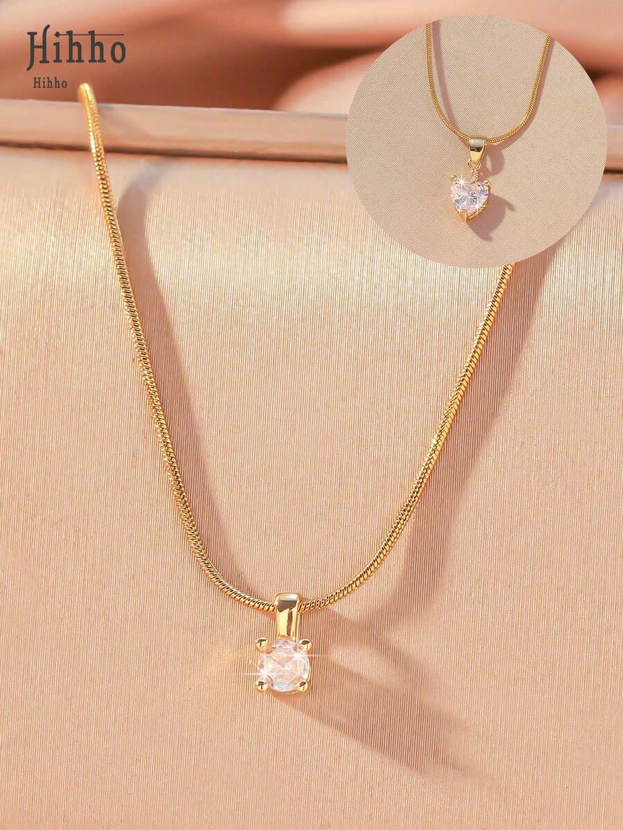 Hihho 1 件时尚方晶锆石和蛇骨链项链，时尚吊坠锁骨链，适合女士 - 金黃色 - 查看 1