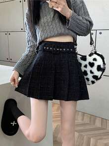 High Waist Slimming Metal Waist Belt A-Line Pleated Skirt, Shiny Tweed Fabric, Fashionable For Daily Wear, Dates, Commuting, Hanging Out With Friends, Autumn/Winter Japanese Chic Style Mini Skirt - Black - View 7