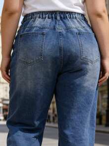 大码夏季蓝色高腰日常优雅休闲七分牛仔裤 - 中等水洗藍 - 查看 4