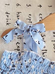 女婴碎花印花全身印花吊带蝴蝶结荷叶边美人鱼公主裙 - 藍色 - 查看 4