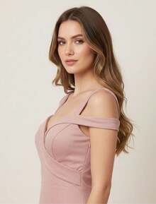 Women's Long Off-Shoulder Party Dress In Elegant Glitter Knit Fabric | Sizes S To XL - Màu hồng gỉ - Xem 2