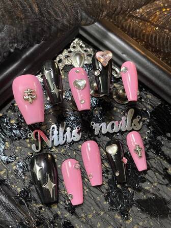 10 st handgjorda akryl-kista-nagelklistermärken, rosa och svarta, 3D-stereo-hjärta, korshjärta, färgglada diamantnagelaccessoarer, färgade ädelstenar, handmålade stjärnmönster, Y2K-stil nagelkonstset, lämplig för kvinnors vardag, fest, högtid, temafest och ceremoni (inkluderar: 1 st jellygel och 1 st poleringsfil)