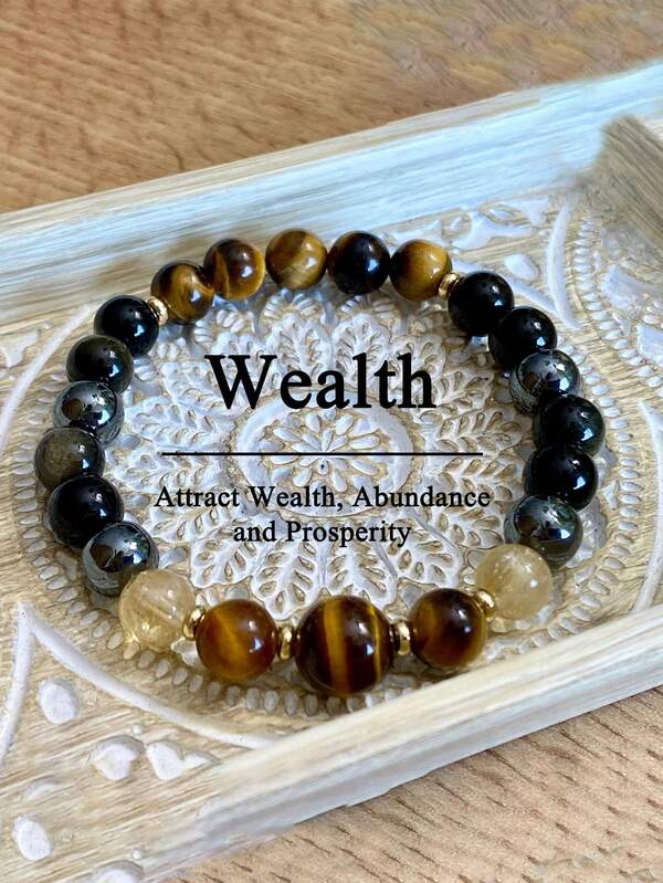 Men's Protective Gemstone Bracelet - Tiger Eye & Citrine Abundance And Prosperity, Obsidian Positive Energy, Confidence, Courage Healing Yoga Meditation Jewelry