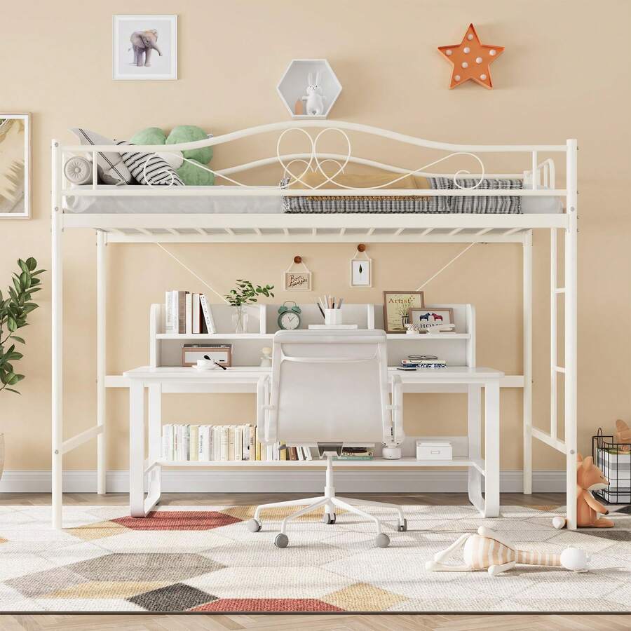 Cama Tipo Loft tamaño Individual con Escalera y barandilla de Seguri-dad, sin Ruido, de Metal Resistente, Capacidad de Peso de 400 Libras, Ahorro de Espacio, no Necesita somier, fácil - Beis - Ver 1