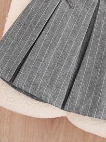 2pcs/Set Girls' Summer Collegiate Style Solid Color Cardigan Camisole V-Neck Sleeveless Vest Top + Gray Striped Simple Bow Pleated Skirt, Children Casual Outfit For Daily Wear, Outdoor, Vacation - Grey - View 8