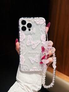 1pc Butterfly Pattern Transparent Shockproof Phone Case Compatible With Apple 17/16 Pro Max, 11/12/13/14/15 Plus, XR/7/8 Plus, TPU With Butterfly Lanyard, Suitable As Valentine's Day Gift