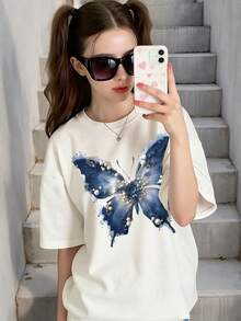 Tween Girls' Round Neck Butterfly Print Casual Versatile Daily Wear Short Sleeve T-Shirt - White - View 1
