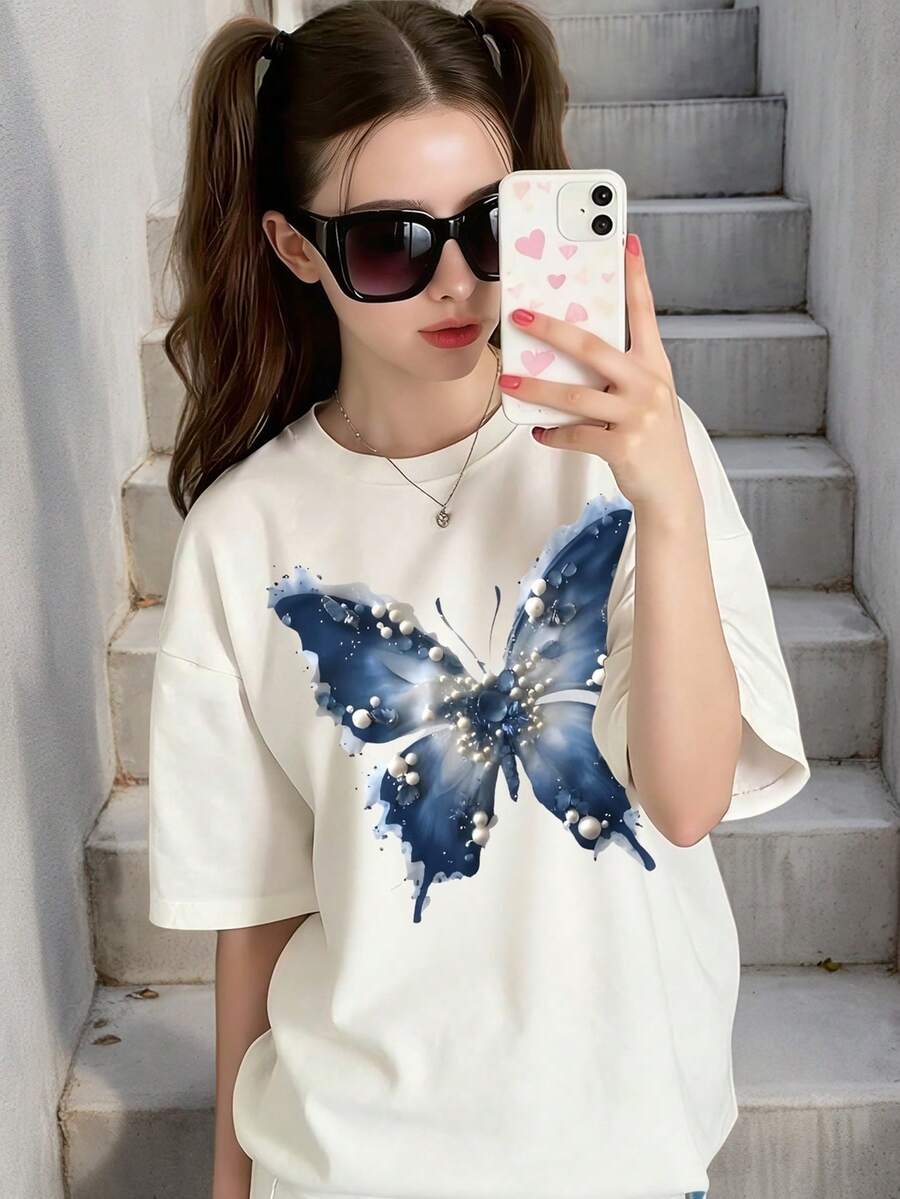 Tween Girls' Round Neck Butterfly Print Casual Versatile Daily Wear Short Sleeve T-Shirt - White - View 1