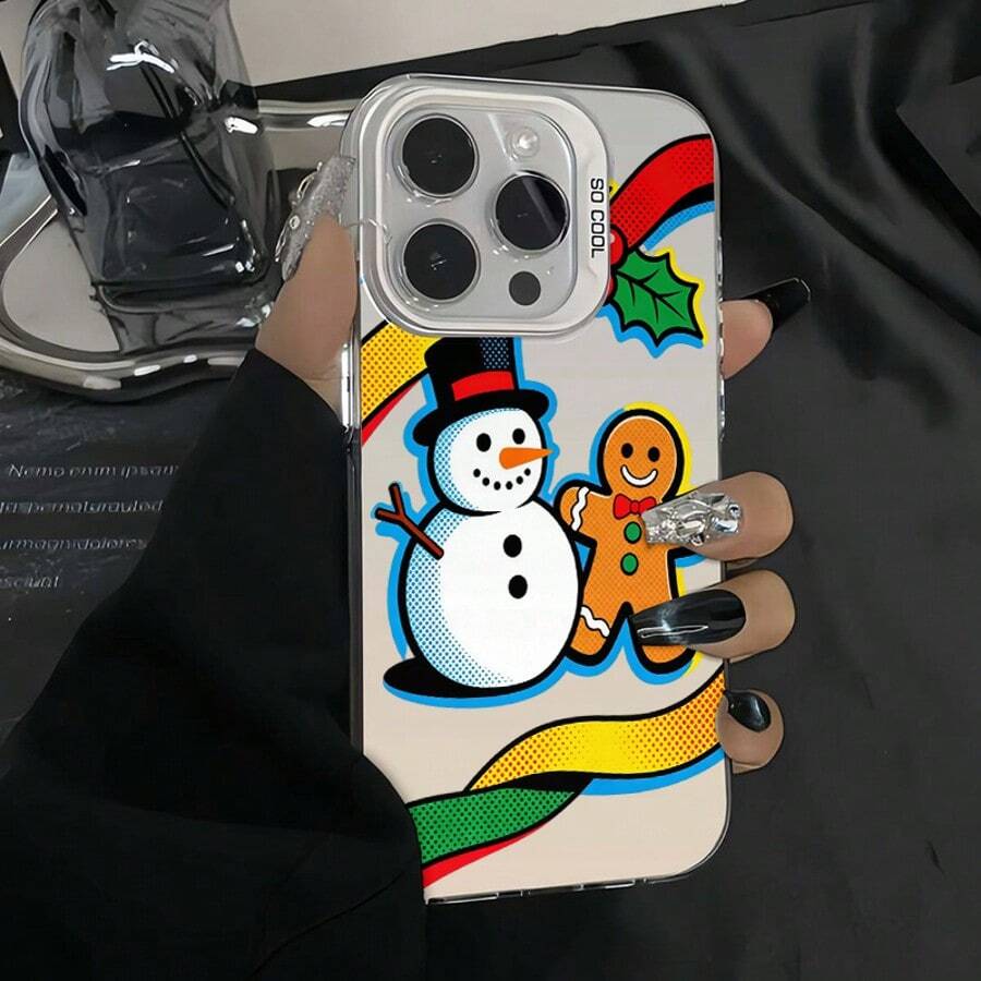 Carcasa de teléfono resistente a impactos de diseño integral. Material TPU de cobertura completa. Diseño con patrones de árbol de Navidad, muñeco de nieve y hombre de jengibre. Compatible con la serie de Phone 16, 15, 14, 13, 12 y 11 Pro Max. - Plateado - Ver 1