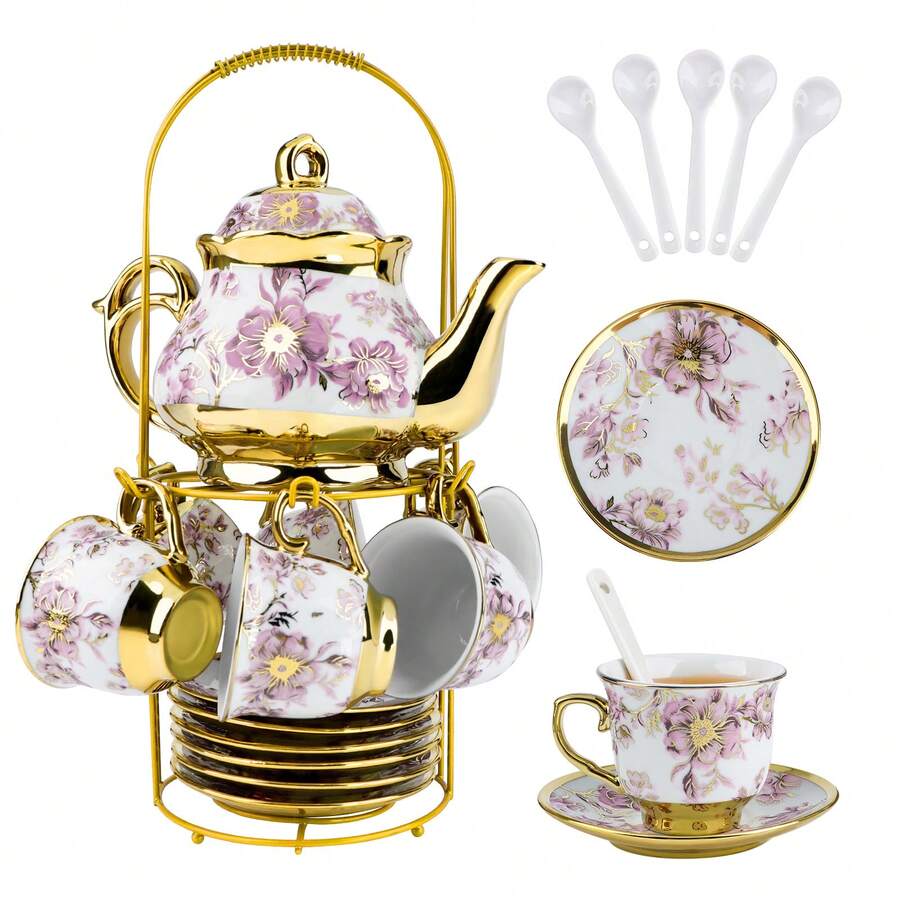 20-Piece European Porcelain Tea Set With Metal Stand & Purple Floral Painting – Elegant Tea Service Gift For Adults, Ideal For Spring Outing, Easter Party, Home Decor & Special Occasions (Classic Gold) - Màu tím - Xem 1