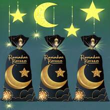 50个装开斋节糖果袋，黑金月亮星星城堡塑料礼品袋，伊斯兰斋月派对用品，包含多种配件，适用于斋月、宰牲节、开斋节装饰。 - 金色 - 查看 5