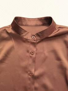 Women's Casual Satin Mandarin Collar Long Sleeve Button-Up Shirt, Silky Fabric, Elegant & Lightweight For Office, Party, Daily Wear, Brown, Spring/Summer - Coffee Brown - View 4