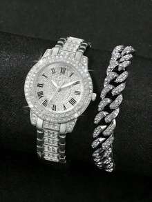 两件套闪耀全镶钻男士腕表套装，包含一枚全镶钻男士腕表和一条链式手链。罗马数字表盘搭配全镶钻表链，闪耀时尚，适合商务聚会、日常佩戴、圣诞派对、新年公司晚宴及各种场合。