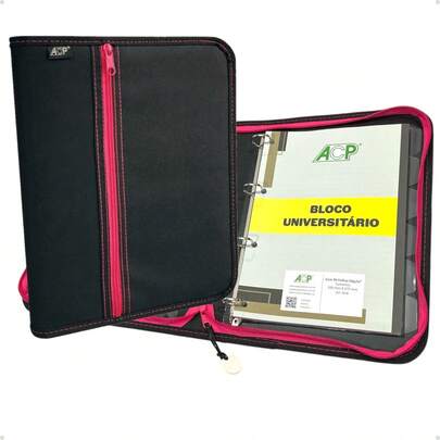 Fichario 4 Argolas Universitario Arg Nylon Preto/Rosa + 6 Divisosrias + Bloco 96 folhas ACP