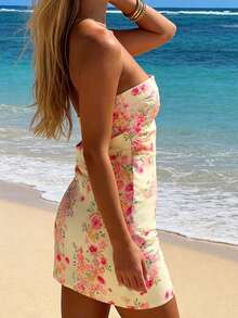女士优雅浪漫性感度假海滩野餐写真无肩带无袖露背印花修身短款梭织连衣裙，春夏派对 - 彩色 - 查看 8
