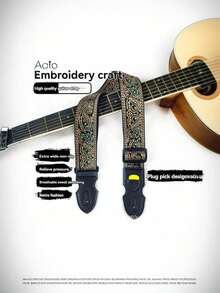 1条加厚加长可调节刺绣波西米亚风吉他背带，带防滑肩垫，时尚街头风混色吉他腰带，内置拨片收纳袋，可水洗面料，适用于贝斯、原声吉他和电吉他，是吉他爱好者和音乐家的理想礼物，吉他配件 - 彩色 - 查看 5