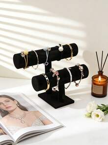 Single/Double Layer Bracelet Stand, Bracelet Display Rack, Black Velvet Jewelry Storage Box Suitable For Necklaces, Elastic Watches, Headbands, Etc. Velvet Jewelry Bracelet Watch Headband Display Stand, T-Shaped Headband Bracelet Storage Box, Women's Wardrobe Storage Rack, Jewelry Display Stand, Velvet Jewelry Stand Headband Bracelet Bracelet Display Rack, Jewelry Accessory Storage Rack - Multicolor - View 10
