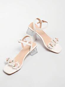 女士时尚花卉水晶粗跟高跟鞋，仙女风中跟珍珠链凉鞋