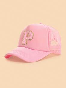 1pc Gold Trim Pink Towel Letter 26 Alphabet Children Baseball Cap, Fashionable Versatile Breathable Trucker Hat, Suitable For Girls Back To School Season Daily Outings Sun Protection - Pink - View 10