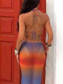 4/Piezas Conjunto de Bikini con Cuello Oscilante para Damas, Estampado Degradado de Vacaciones, Bikini Elegante y Sexy con Diseño de Cuello Colgante, Traje de Baño Estilo Vestido Largo, Preferido para Cenas y Citas - Multicolor - Ver 5