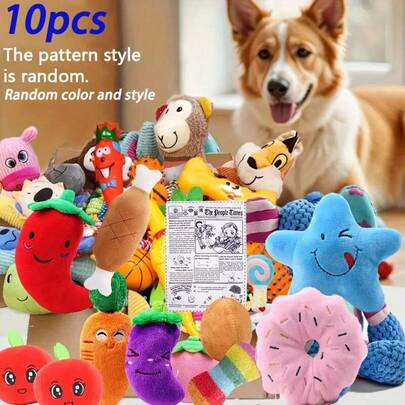 Bộ 10 món đồ chơi nhồi bông cho chó, màu sắc và kiểu dáng ngẫu nhiên, phù hợp cho chó nhỏ/trung bình, dùng khi đi dạo ngoài trời, tự giải trí, gặm nhai, huấn luyện tương tác cho thú cưng và chăm sóc răng miệng.