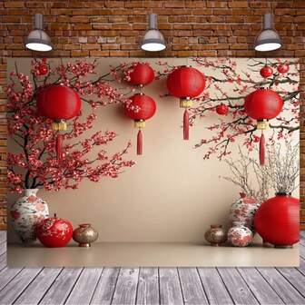 1 st kinesisk nyårsdekoration - Livfulla röda lyktor och körsbärsblomsdesign, tillverkad av polyestertyg - perfekt för högtidsfester, heminredning och studiorekvisita, ingen elektricitet behövs, nyårsdekoration