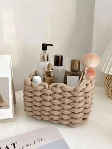 1pc Handmade Woven Large Capacity Makeup Storage Box, Can Store Brushes, Skincare, Cosmetics, Lipsticks, Eyeshadows, Also Suitable For Desktop, Display Cabinet, Vanity, Suitable For Holiday, Beach, Bathroom, Bedroom, Large Capacity, Also Applicable For Pantry, Shelves, Living Room, Rope Woven , Makeup Room Decor - Multicolor - View 5