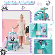 16-Inch Girls' Rolling Backpack With Lunch Box, Suitable For 8-10 Years Old Elementary School Students