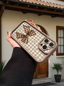 1pc Retro Plaid Pattern Thick Shockproof TPU Protective Phone Case, Minimalist Design Compatible With IPhone 17/16/15/14/13/12, OPPO, Vivo, Redmi, Series - Brown - View 3