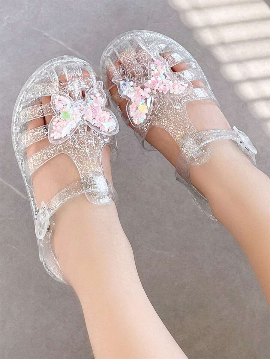 儿童休闲果冻凉鞋，时尚女孩公主夏季鞋，闭趾沙滩鞋，镂空透气，饰有闪亮蝴蝶饰品