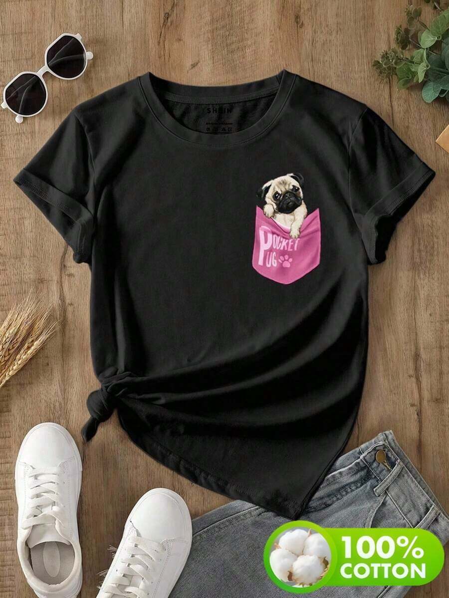 Playera camiseta basica estampada grafica dama mujer manga corta cuello redondo regular estampado pug minipug mini cachorro bebe perro perrito cool tierno cute kawaii caricatura bolsa bolsillo imitacion casual comoda fresca ligera suave moderna juvenil dibujos animados figuras mascota casa dog doglover perrhijo cute lindo - Negro - Ver 1