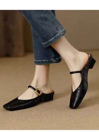 Women's Retro Basic Buckle Solid Color Vintage Basic PU Leather Buckle Shoes, Suitable For Beach, Wedding, Party, Office, Outdoor, Home, Spring/Summer, Casual PU Leather Buckle Vacation