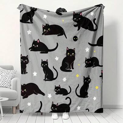 Ultra Soft Flannel Blanket Warm Cozy Throw With Cute Black Cat & Star Pattern For Couch Bedroom Cat Lover New Year Gift 2026 Anti-Pilling