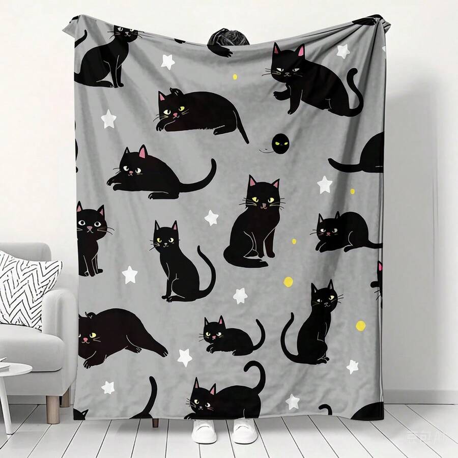 Ultra Soft Flannel Blanket Warm Cozy Throw With Cute Black Cat & Star Pattern For Couch Bedroom Cat Lover New Year Gift 2026 Anti-Pilling - Multicolor - View 1