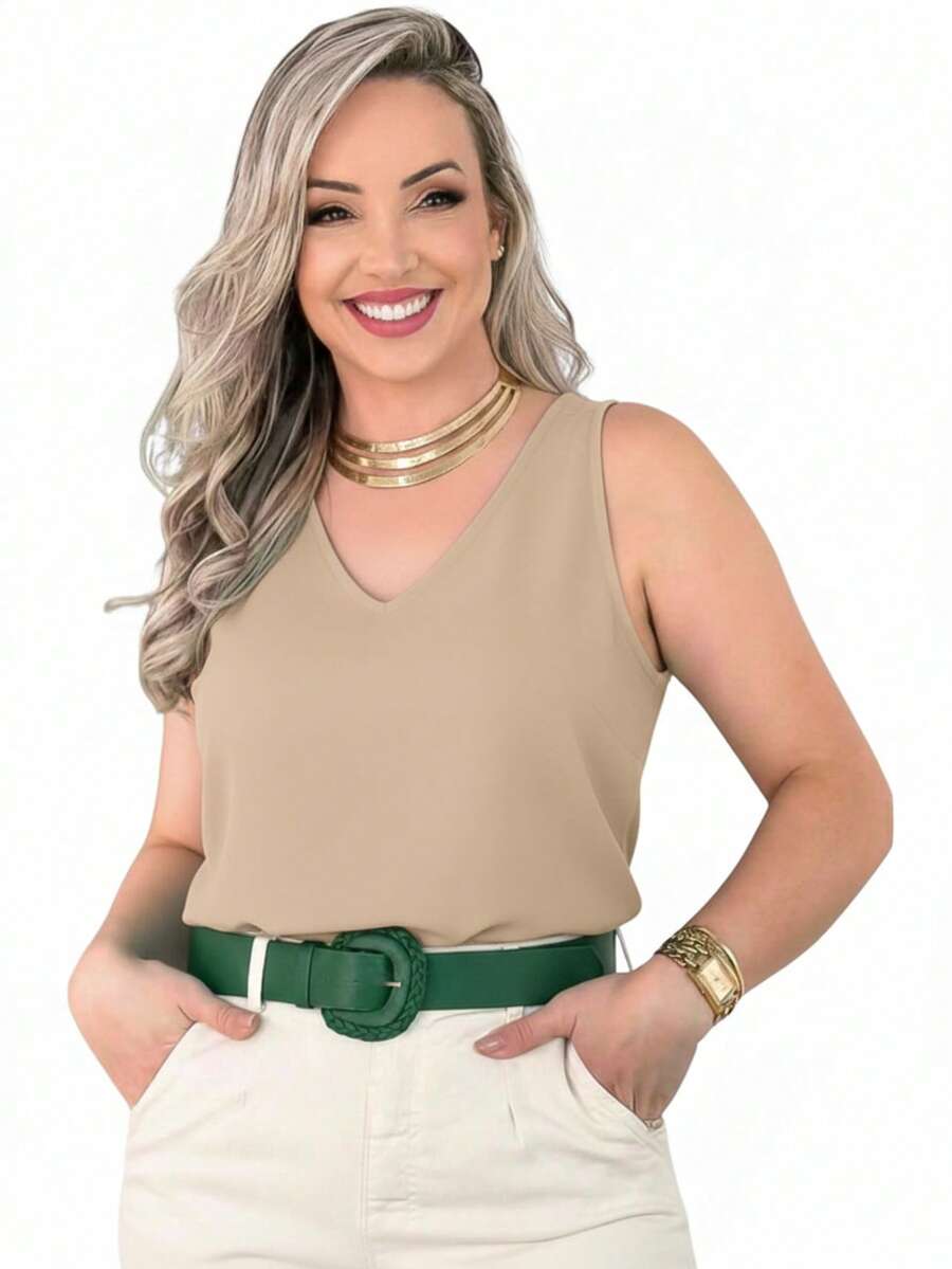 Duna Wide Strap Tank Top - , Basic, Plain, Comfortable, Elegant And Comfortable - Light Beige - View 1