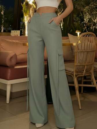 Pantalones casuales de unicolor con bolsillo para mujer