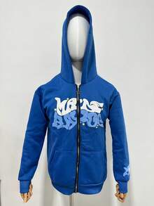 Y2K Retro Star And Letter Printed Zipper Hoodies,Spring Autumn Harajuku Y2K Women And Men Fashion Hip Hop Long Sleeve Hooded ,Avant-Garde - Street Casual Spring/Fall Loose Zipper Pocket Patched,Autumn And Winter Gothic Coat - 藍色 - 查看 2