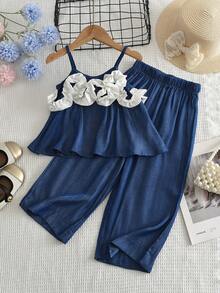 2pcs/Set Fashionable Denim Style Sleeveless Top Paired With Navy Wide Leg Pants, Casual Outfit For Teens - Navy Blue - View 2