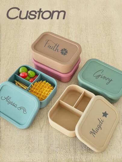 Personlig silikonmatlåda, anpassningsbar namngiven bärbar bentolåda, oumbärlig för skolstarten, unisex, design med 3 fack, praktisk förvaring av måltider, lämplig för arbete, studier och utomhusbruk, platsbesparande, modern, present till skolstarten