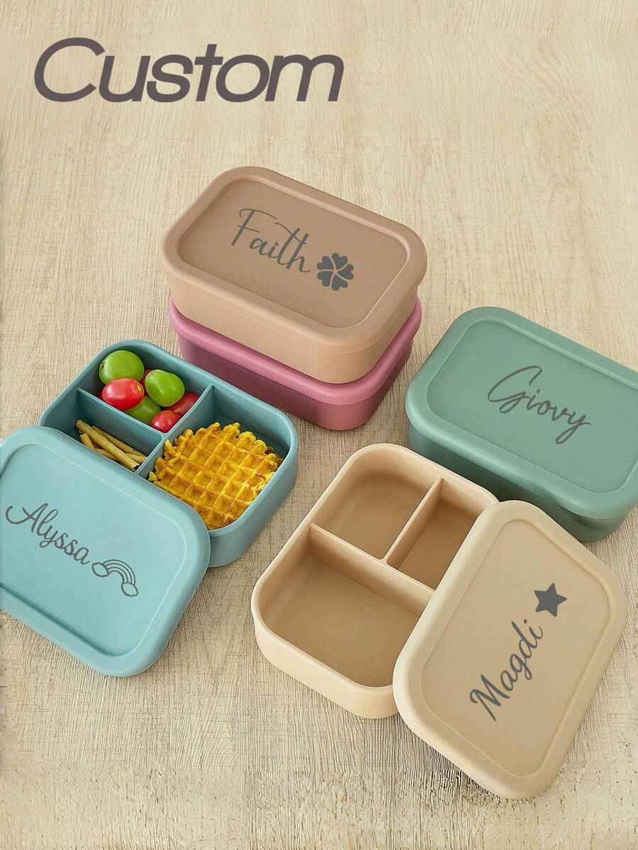Personalizowane silikonowe pudełko na lunch, przenośne pudełko bento z możliwością personalizacji, niezbędne na powrót do szkoły, unisex, 3-komorowe, wygodne do przechowywania posiłków, odpowiednie do pracy, nauki i noszenia na świeżym powietrzu, oszczędzające miejsce, modne, prezent na powrót do szkoły