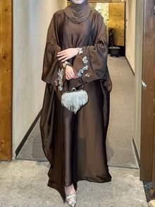 Embroidery & Beading Satin Cardigan Abaya 3D Butterfly Embroidery Kimono Minimalist & Elegant Cardigan Abaya - Brown - View 5