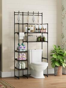 1pc Large Capacity Multi-Tier Toilet Shelf Organizer With Hooks, Easy Assembly, Bathroom Vanity Storage Rack (Black) - Multicolor - View 2
