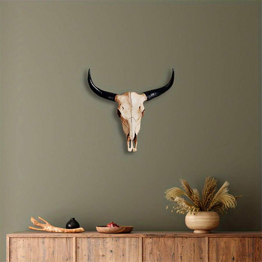 1pc, Artificial Simulation Cow Skull Wall Hanging Personalized Decoration Living Room Bedroom Office Bar Background Wall Decoration - 牛頭骨牆飾 - 查看 1